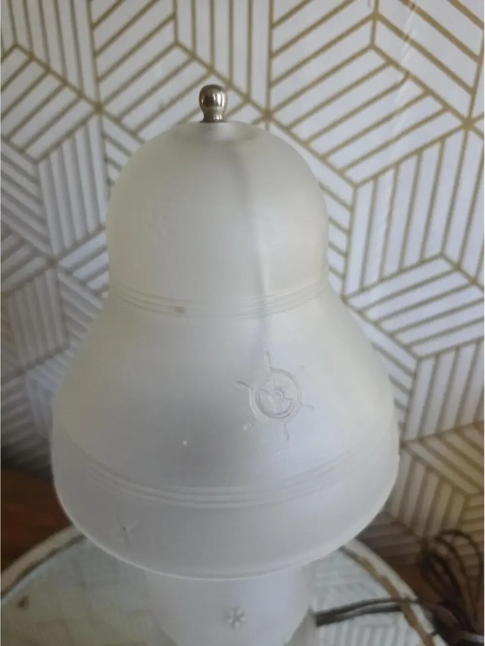 Antique Art Deco Frosted Glass Petite Anchor Nautical Lamp w Glass Bell Shade